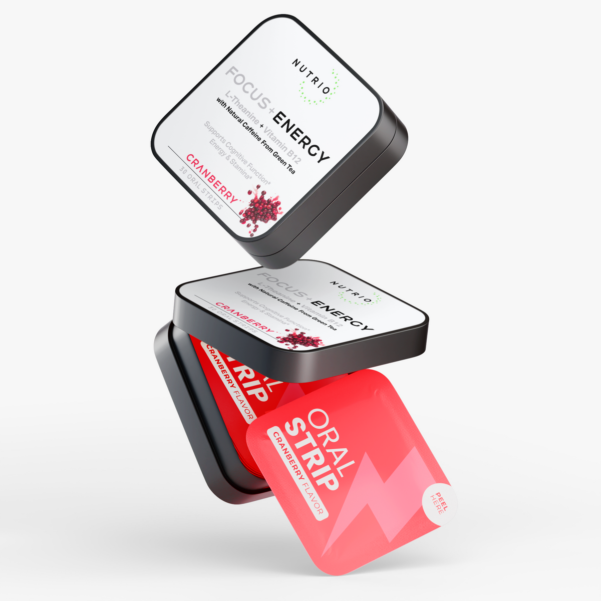 NUTRIO Focus + Energy tins and a Cranberry oral strip pouch stacked in mid-air on a light background