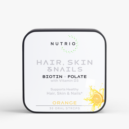 NUTRIO Hair, Skin & Nails Biotin + Folate with Vitamin D3 oral strips tin, front label in Orange flavor, 30 strips