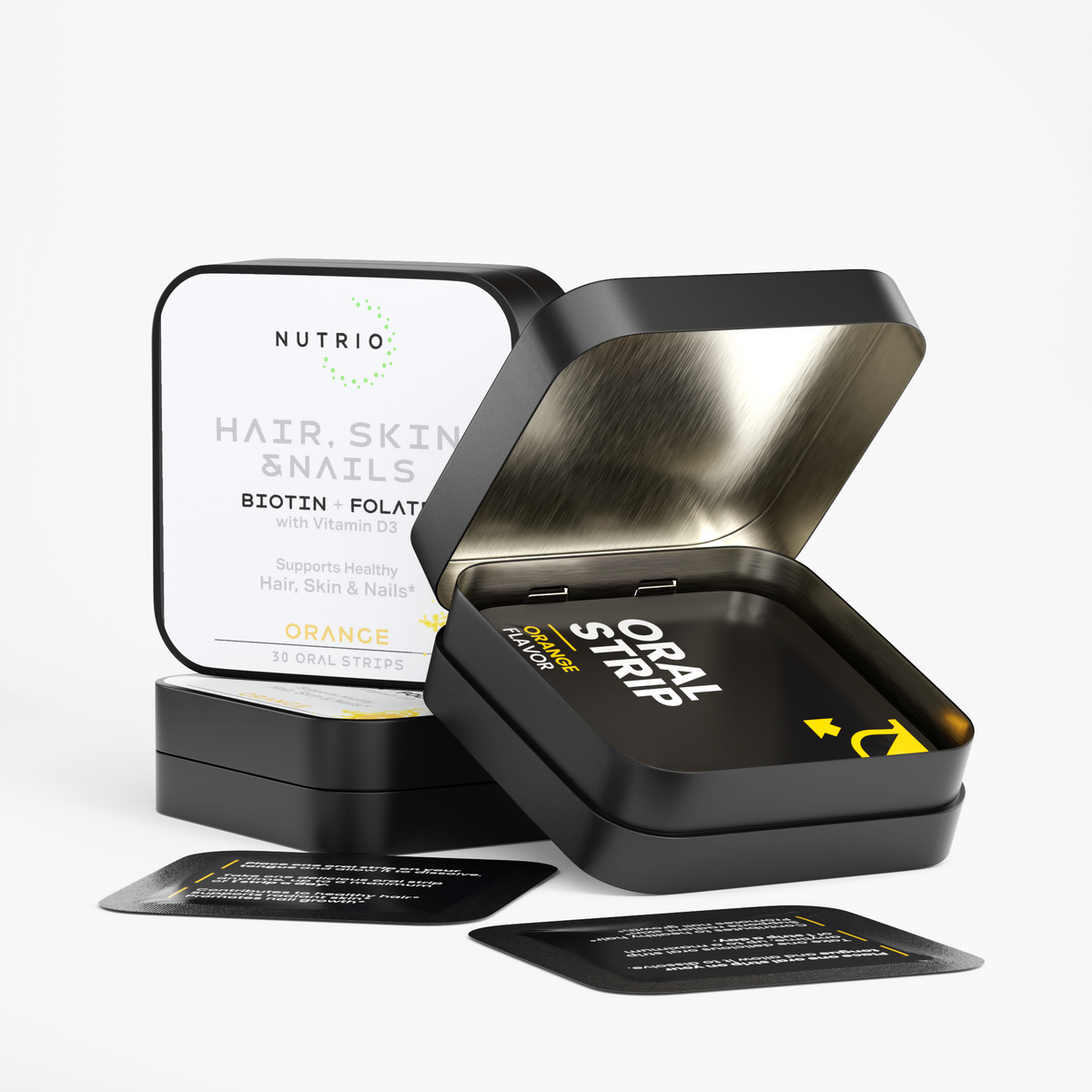 Open NUTRIO Hair, Skin & Nails tin with individually wrapped Orange oral strips, closed tin in the background