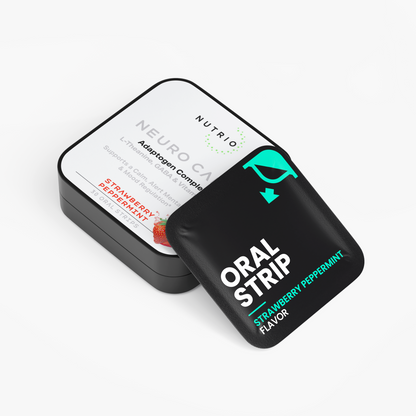 NUTRIO Neuro Calm tin lying flat with a Strawberry Peppermint flavor oral strip pouch propped against the lid