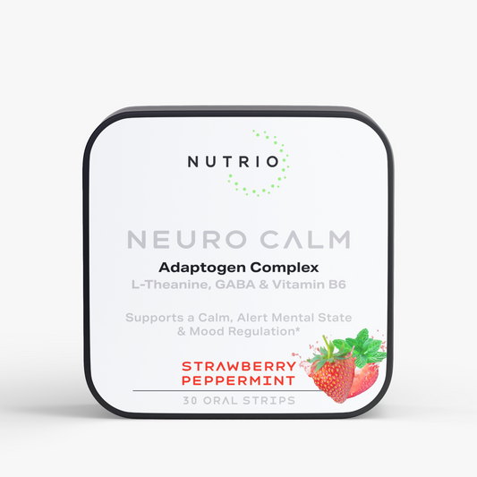 NUTRIO Neuro Calm Adaptogen Complex oral strips tin, front label in Strawberry Peppermint flavor, 30 strips