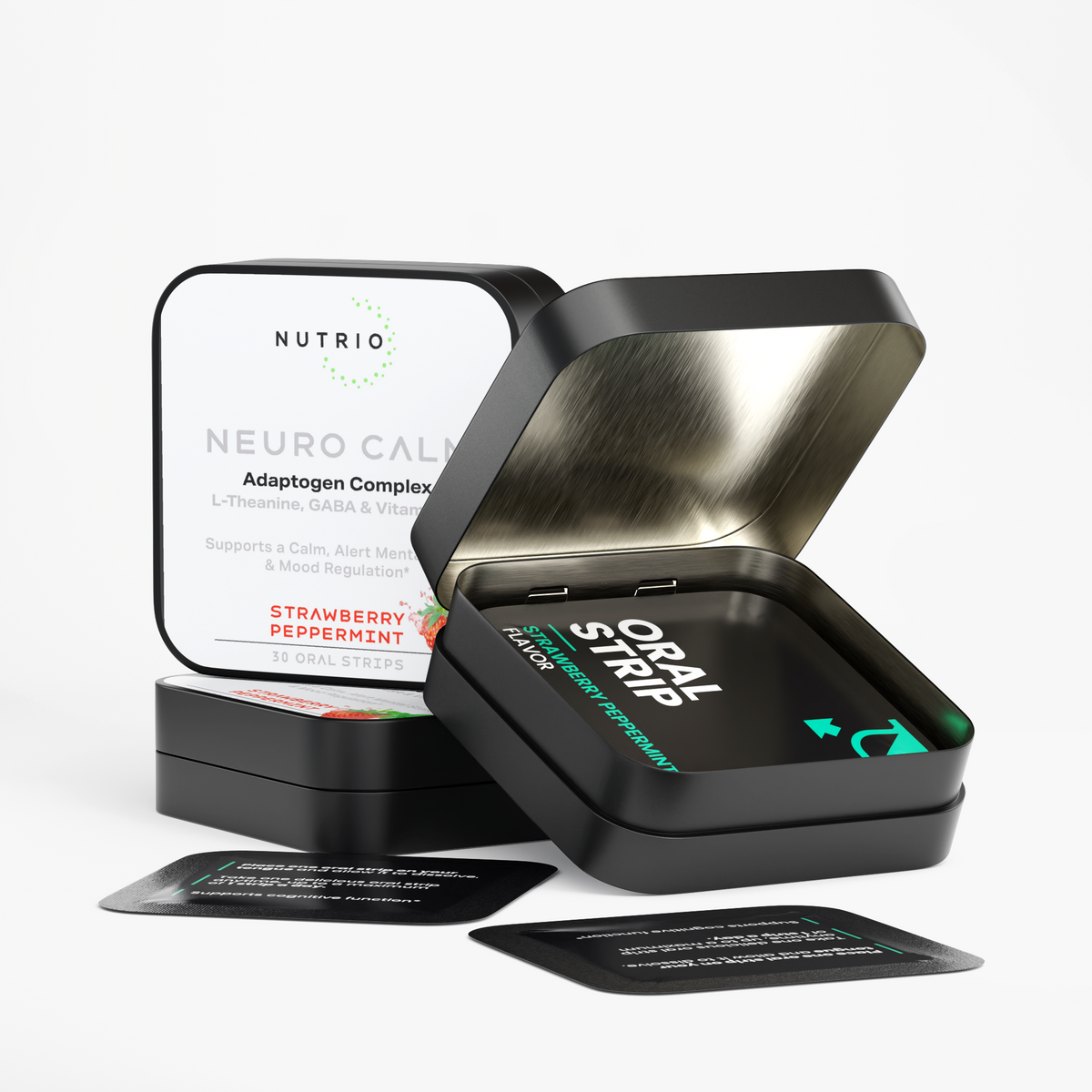 Open NUTRIO Neuro Calm tin with individually wrapped Strawberry Peppermint oral strips, closed tin in the background