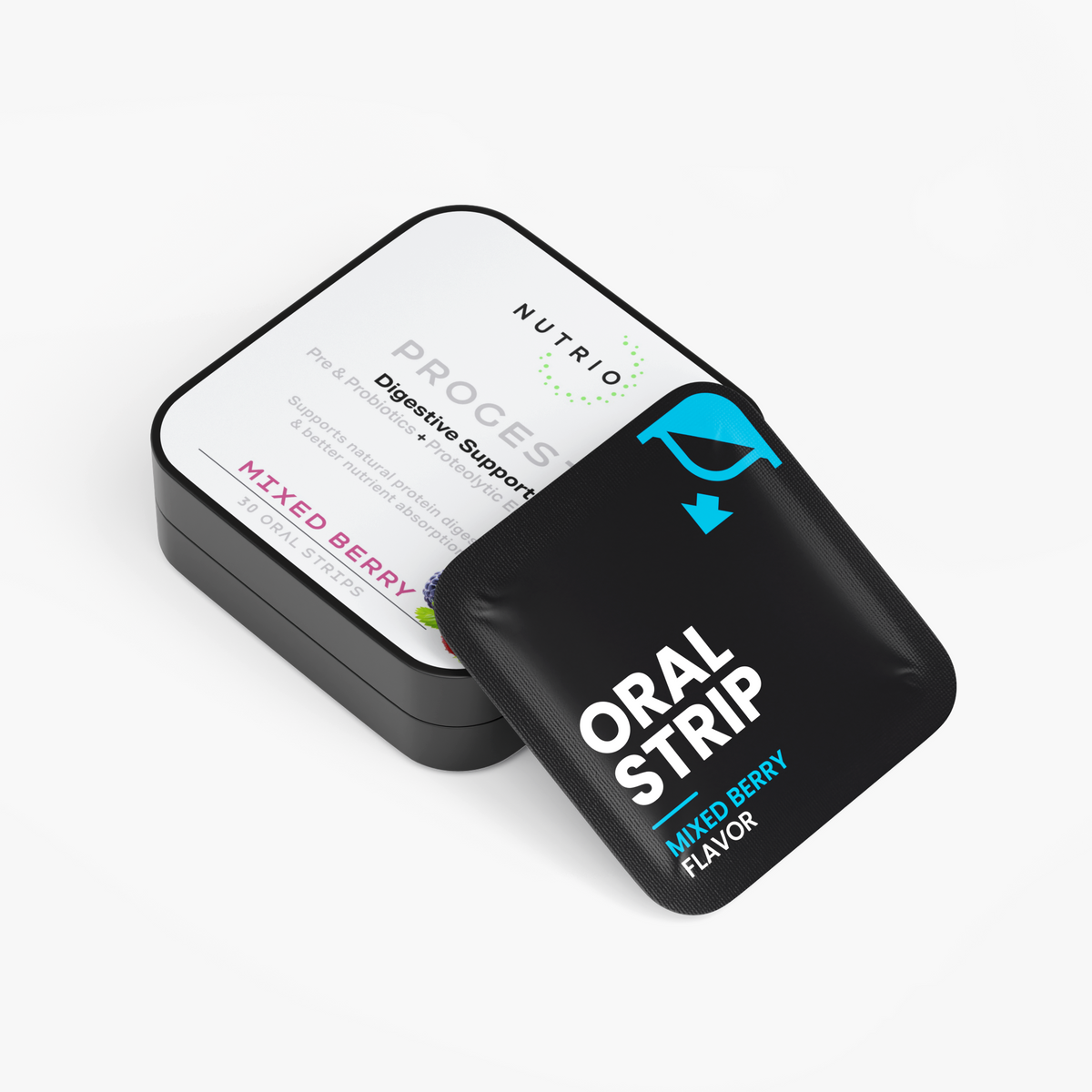 NUTRIO ProGest tin lying flat with a Mixed Berry flavor oral strip pouch propped against the lid