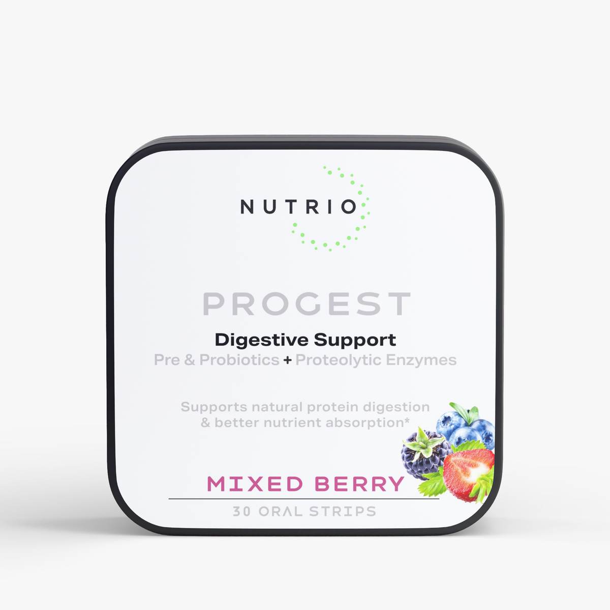 NUTRIO ProGest Pre & Probiotics + Proteolytic Enzymes oral strips tin, front label in Mixed Berry flavor, 30 strips