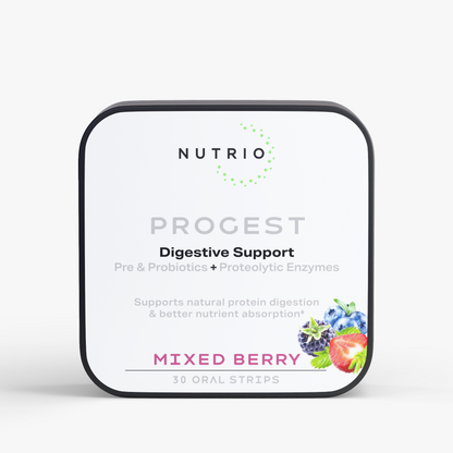 NUTRIO ProGest Pre & Probiotics + Proteolytic Enzymes oral strips tin, front label in Mixed Berry flavor, 30 strips