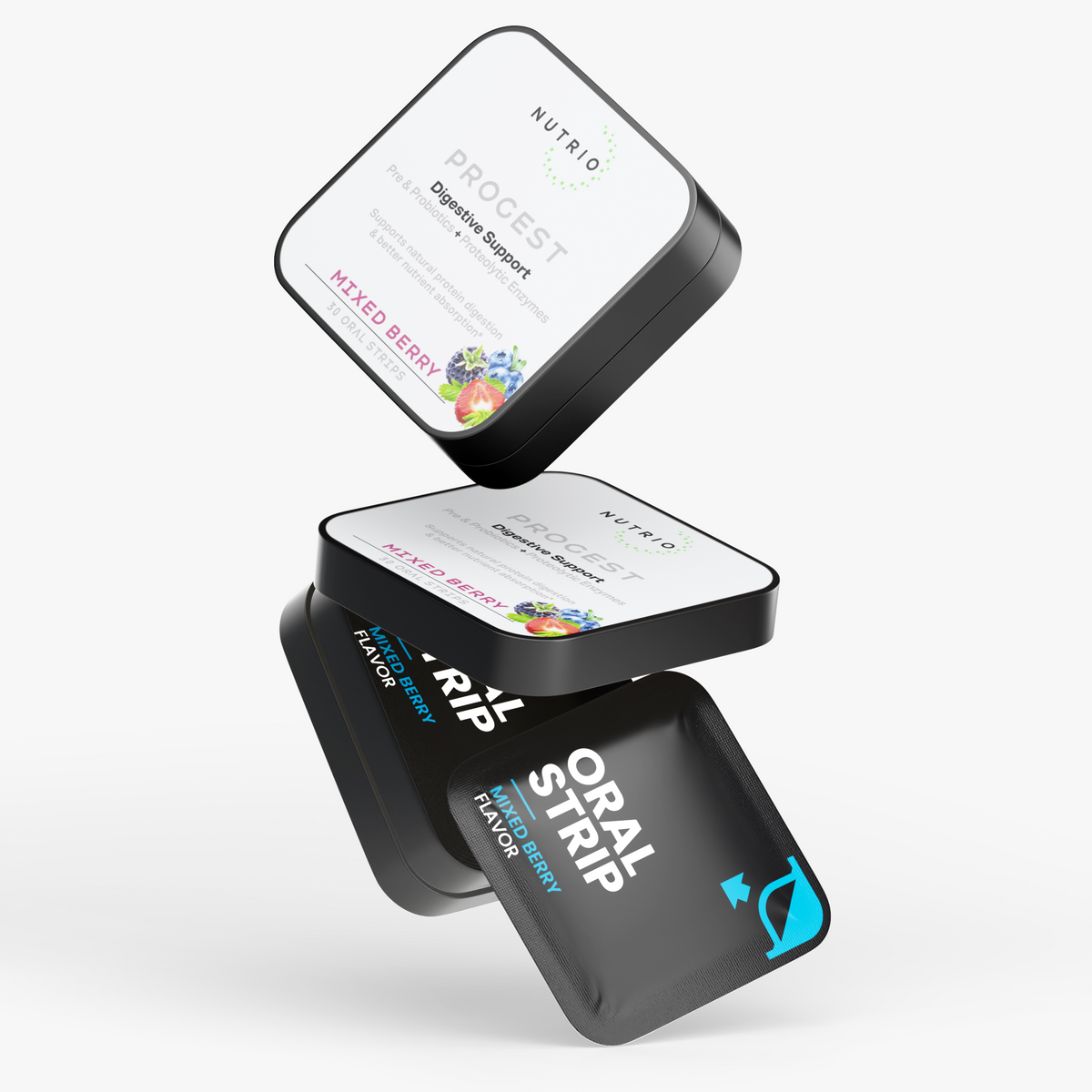 NUTRIO ProGest tins and a Mixed Berry oral strip pouch stacked in mid-air on a light background