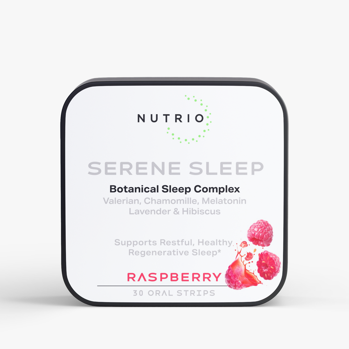 NUTRIO Serene Sleep Botanical Sleep Complex oral strips tin, front label in Raspberry flavor, 30 strips