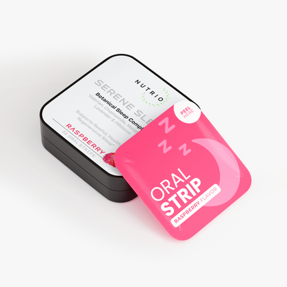 NUTRIO Serene Sleep tin lying flat with a Raspberry flavor oral strip pouch propped against the lid