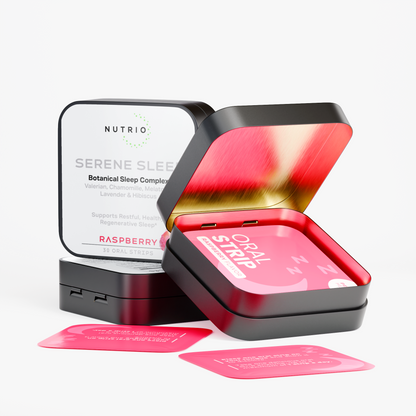 Open NUTRIO Serene Sleep tin with individually wrapped Raspberry oral strips, closed tin in the background