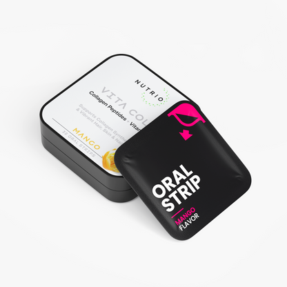 NUTRIO Vita Cola tin lying flat with a Mango flavor oral strip pouch propped against the lid