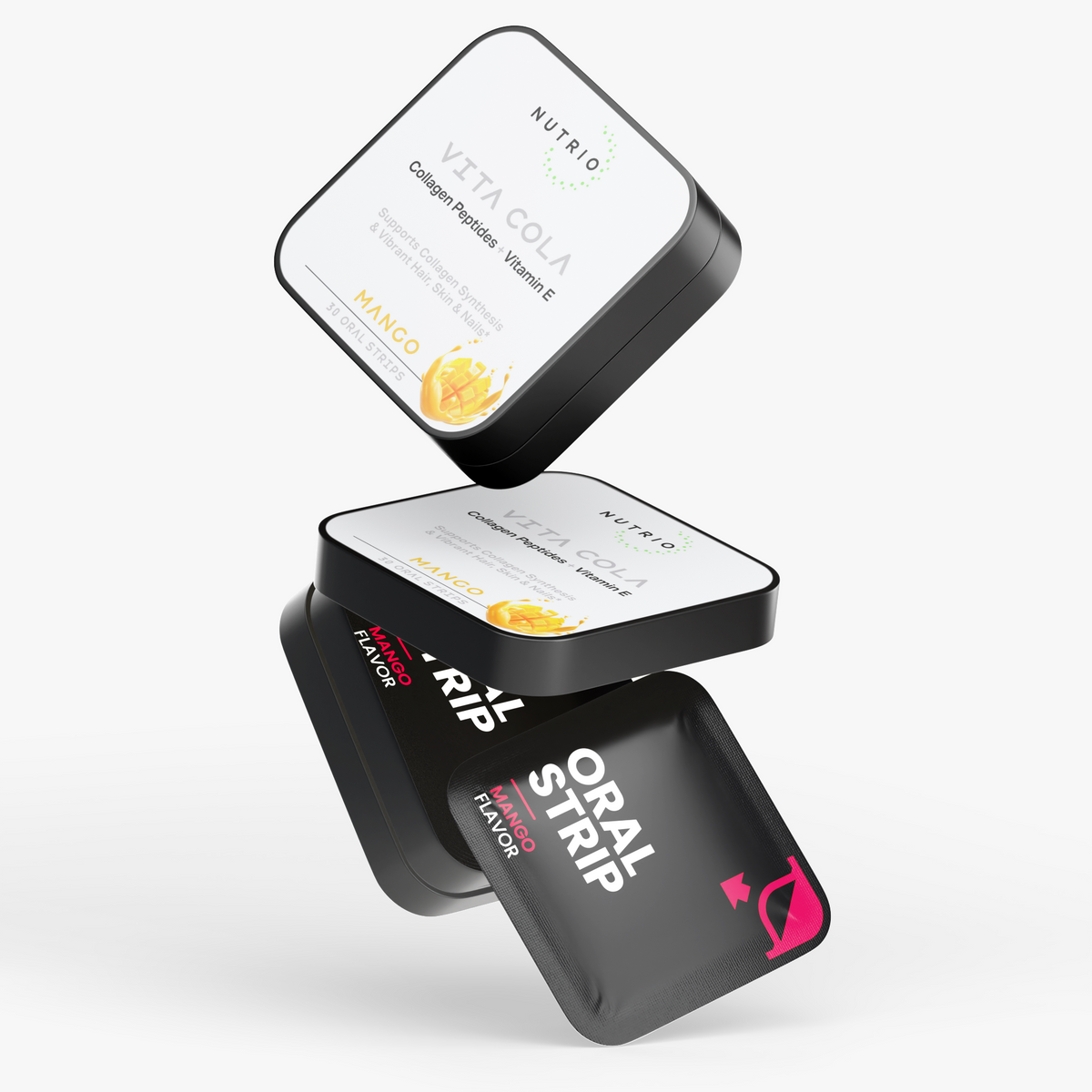 NUTRIO Vita Cola tins and a Mango oral strip pouch stacked in mid-air on a light background