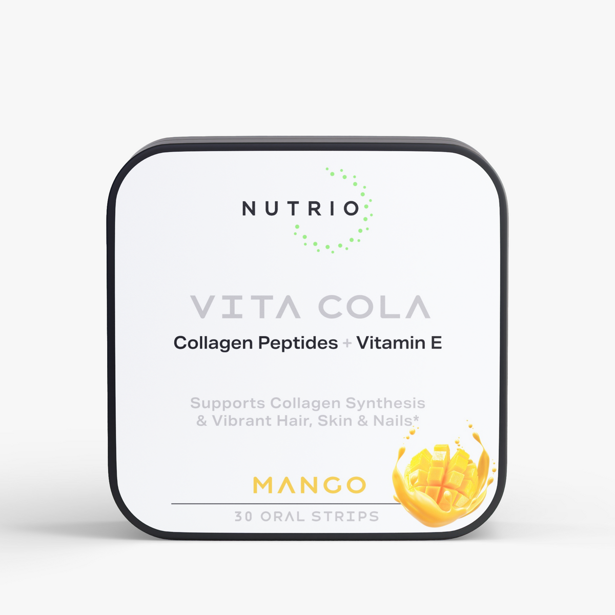 NUTRIO Vita Cola Collagen Peptides + Vitamin E oral strips tin, front label in Mango flavor, 30 strips