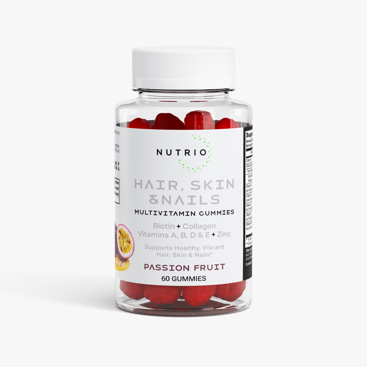 NUTRIO Hair, Skin & Nails Multivitamin Gummies bottle, Passion Fruit flavor, 60 red gummies