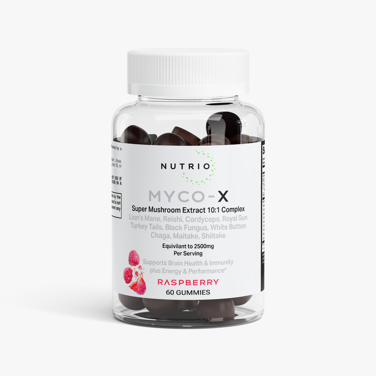 NUTRIO Myco-X 10-in-1 Mushroom Complex Gummies bottle, Raspberry flavor, 60 gummies, front view