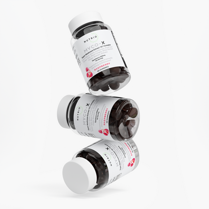 Three NUTRIO Myco-X Mushroom Complex Gummies bottles floating in a stacked arrangement
