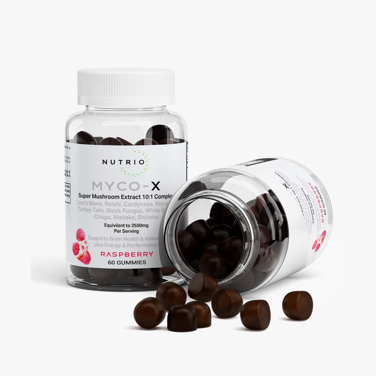 NUTRIO Myco-X Raspberry mushroom gummies spilling from an open bottle beside an upright bottle