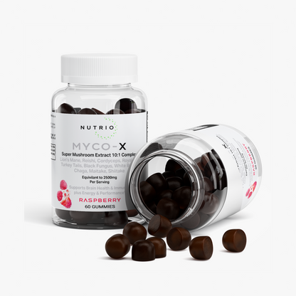 NUTRIO Myco-X Raspberry mushroom gummies spilling from an open bottle beside an upright bottle
