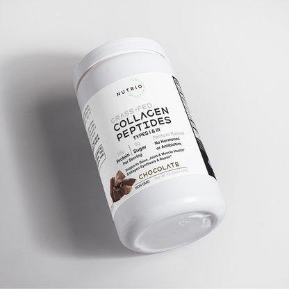 NUTRIO Chocolate Collagen Peptides canister lying on its side, angled label view