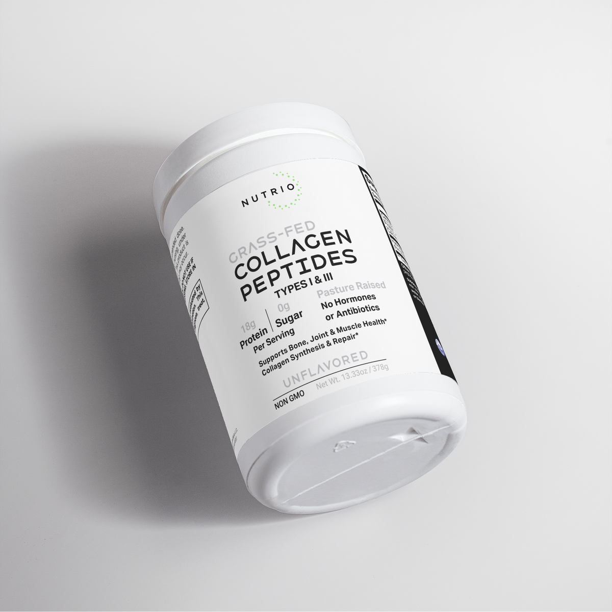 NUTRIO Unflavored Collagen Peptides canister tipped on its side, angled label view