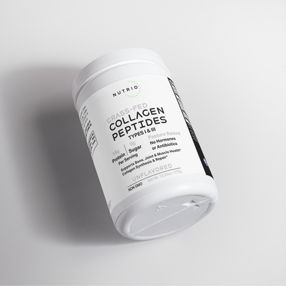 NUTRIO Unflavored Collagen Peptides canister tipped on its side, angled label view