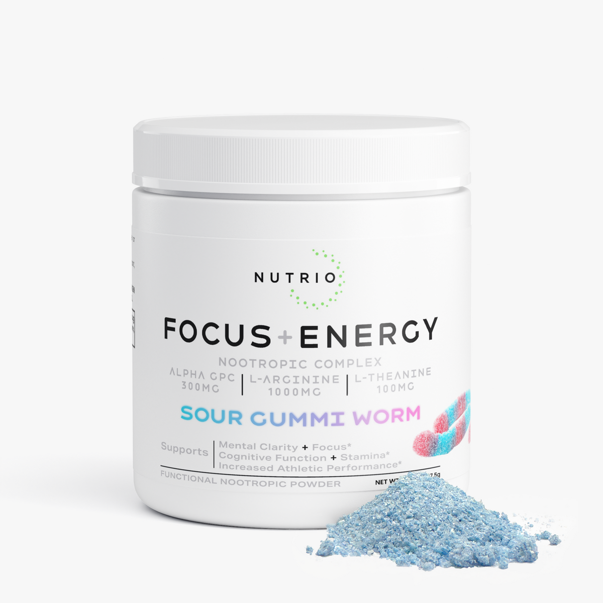 NUTRIO Focus + Energy Sour Gummi Worm tub with a small mound of blue powder beside it