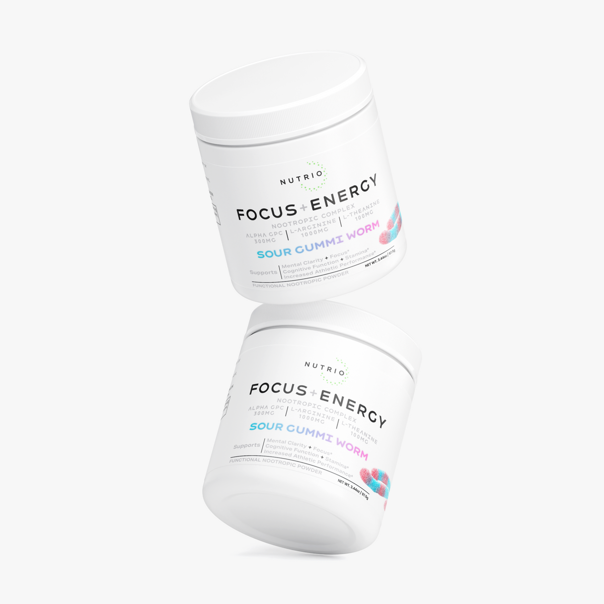 Two NUTRIO Focus + Energy Sour Gummi Worm powder tubs floating against a white background