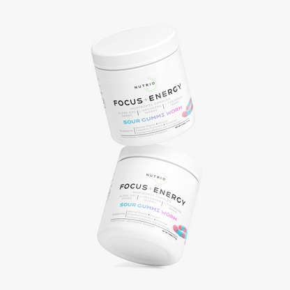 Two NUTRIO Focus + Energy Sour Gummi Worm powder tubs floating against a white background