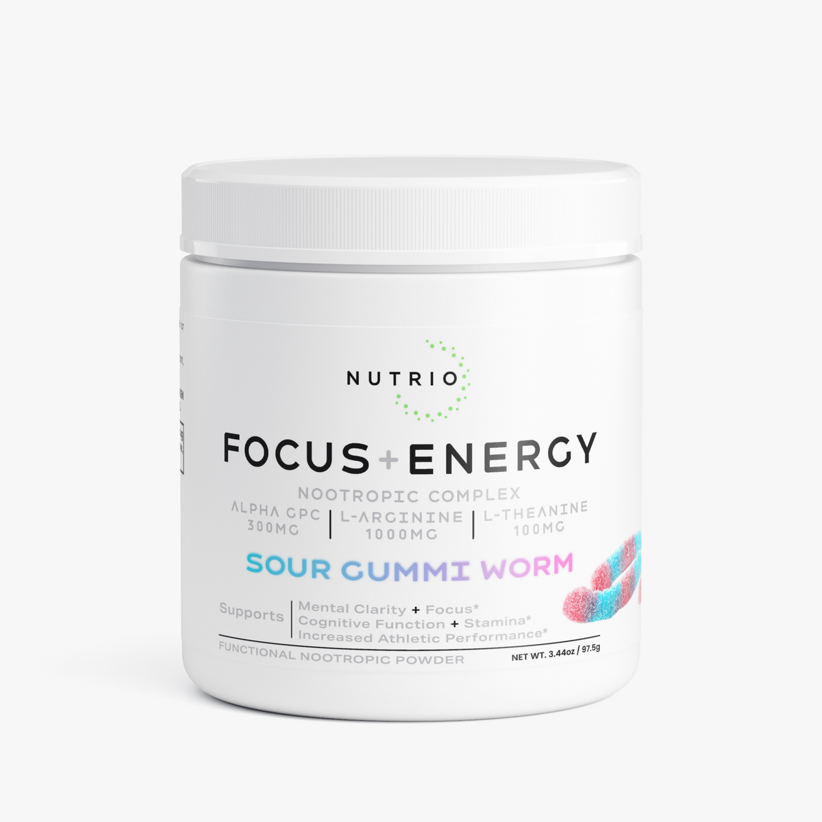 NUTRIO Focus + Energy Nootropic Complex powder tub in Sour Gummi Worm flavor, front label