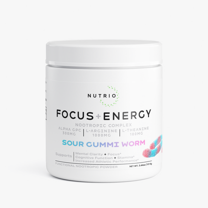 NUTRIO Focus + Energy Nootropic Complex powder tub in Sour Gummi Worm flavor, front label