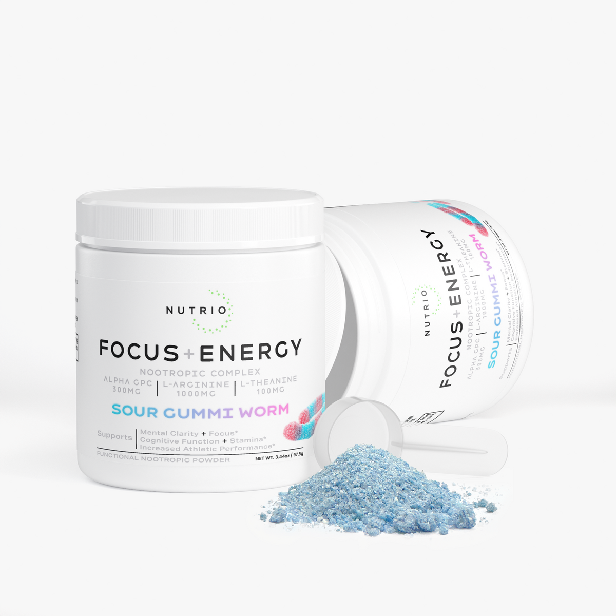 Two NUTRIO Focus + Energy Sour Gummi Worm tubs, one tipped over, with a scoop of blue powder