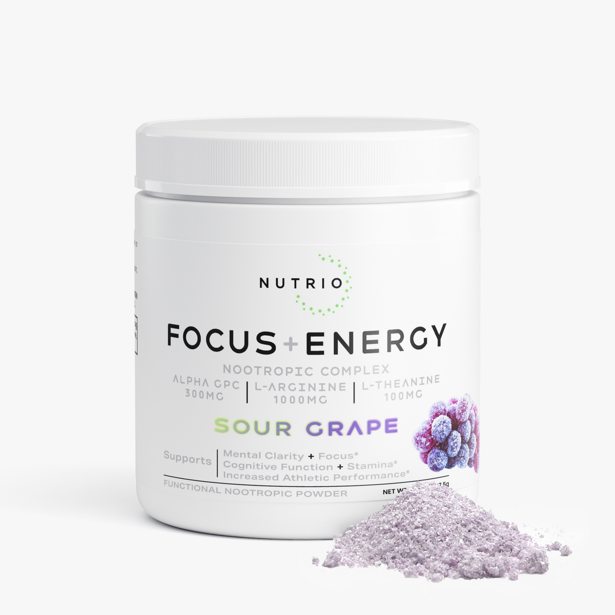 NUTRIO Focus + Energy Sour Grape tub with a mound of light purple powder in front