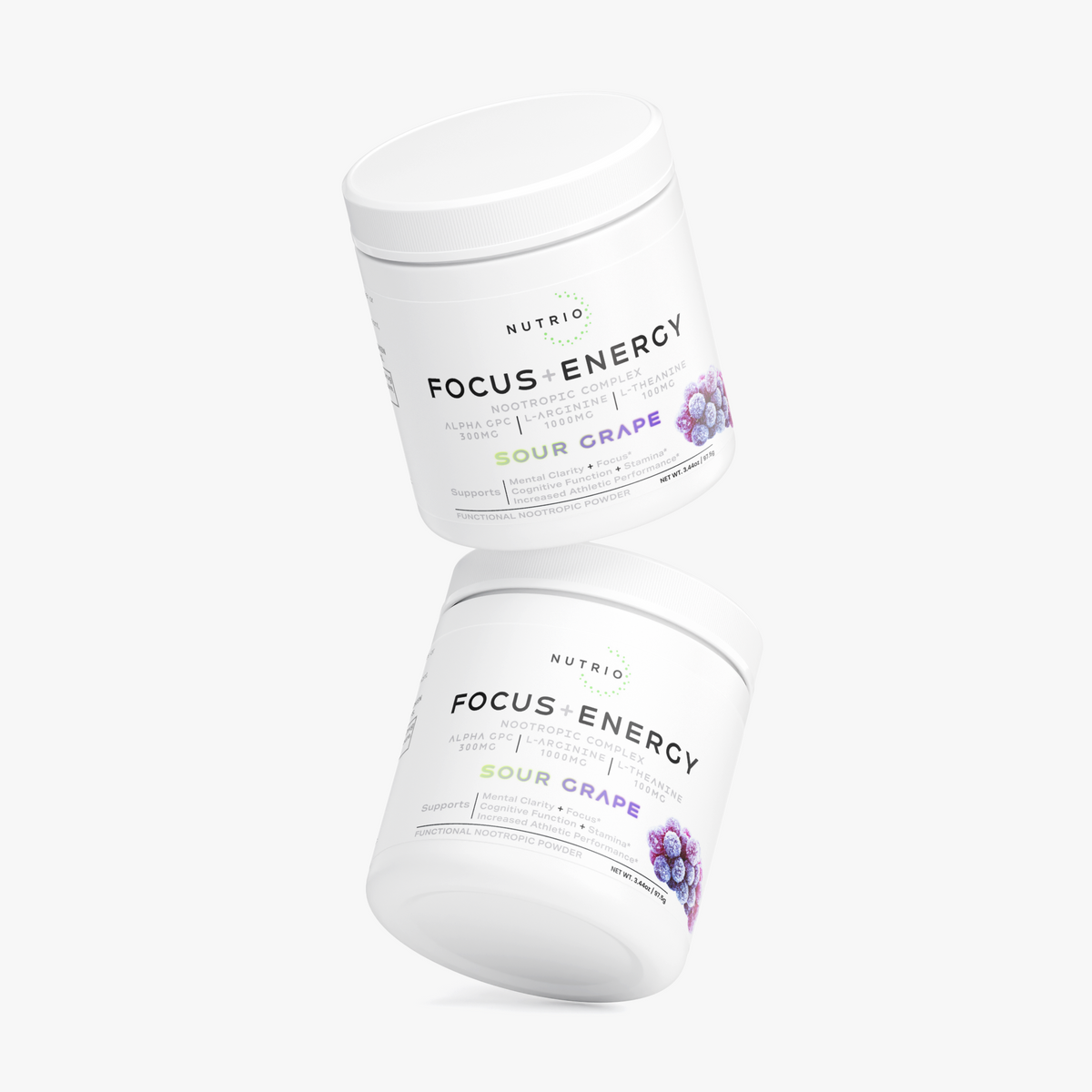 Two NUTRIO Focus + Energy Sour Grape powder tubs floating one above the other