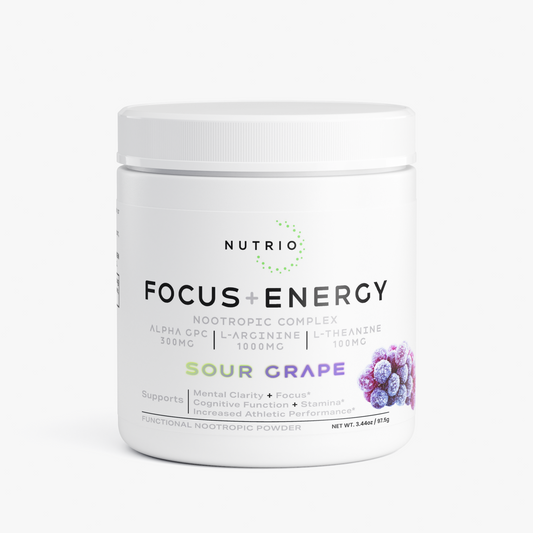 NUTRIO Focus + Energy Nootropic Complex powder tub in Sour Grape flavor, front label