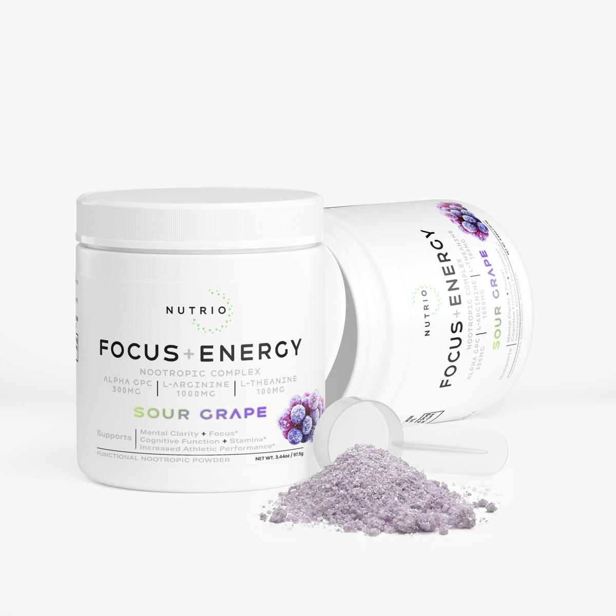 Two NUTRIO Focus + Energy Sour Grape tubs, one tipped on its side, with a scoop of purple powder