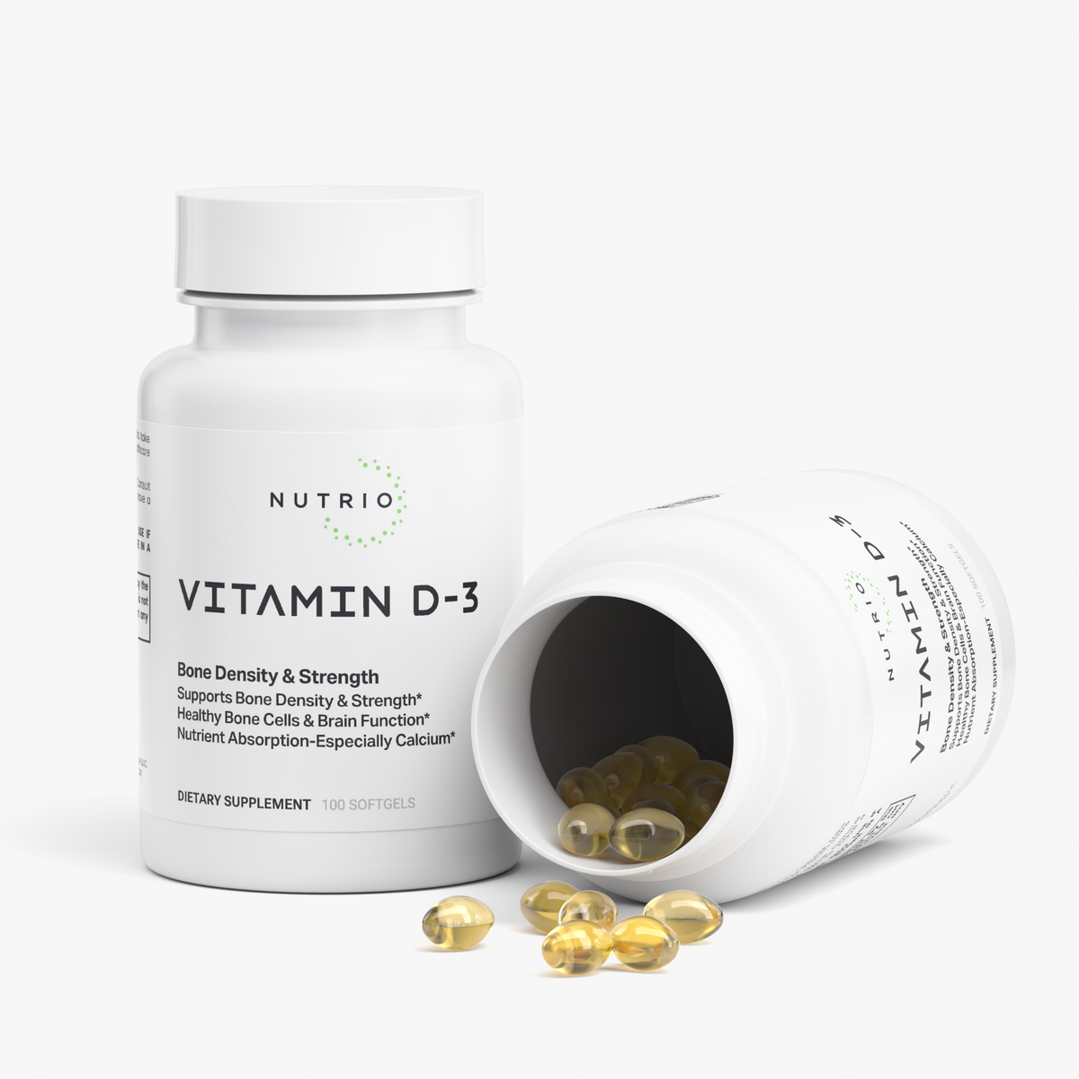 NUTRIO Vitamin D3 bottle beside an open bottle with small golden softgels spilling out