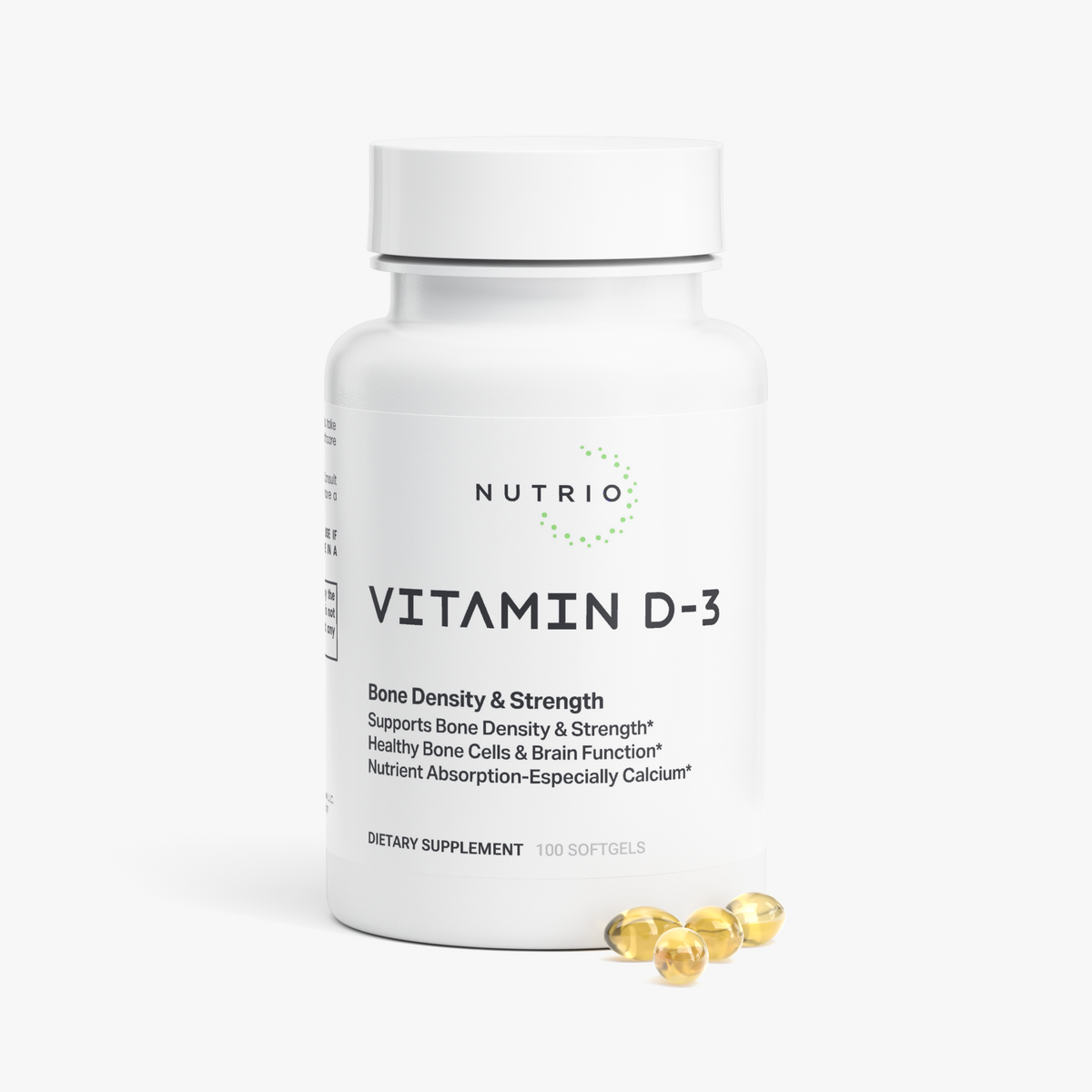NUTRIO Vitamin D3 2,000 IU bottle with a few golden softgels resting in front