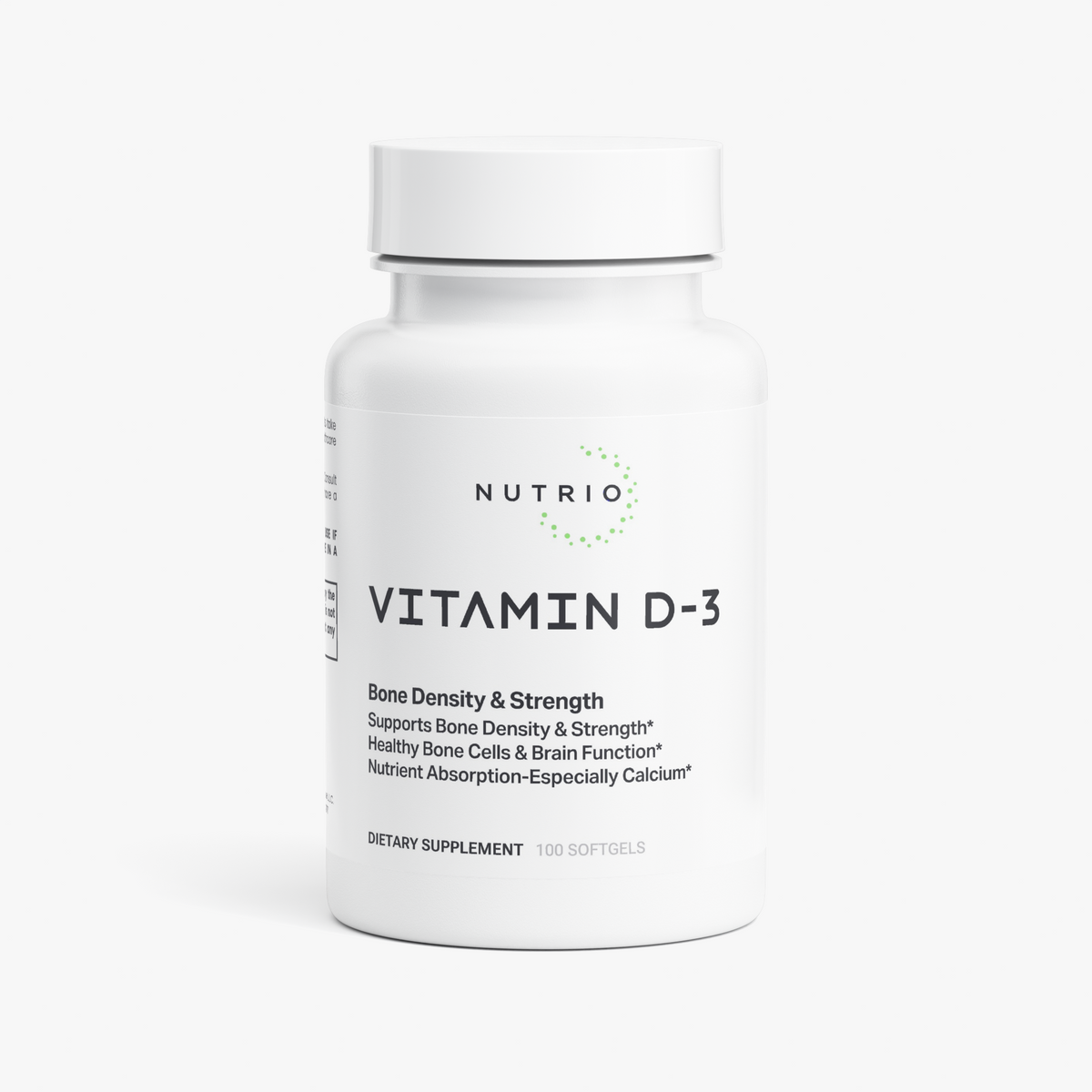 NUTRIO Vitamin D3 2,000 IU softgel bottle, front label on a light background