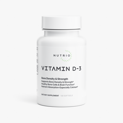 NUTRIO Vitamin D3 2,000 IU softgel bottle, front label on a light background