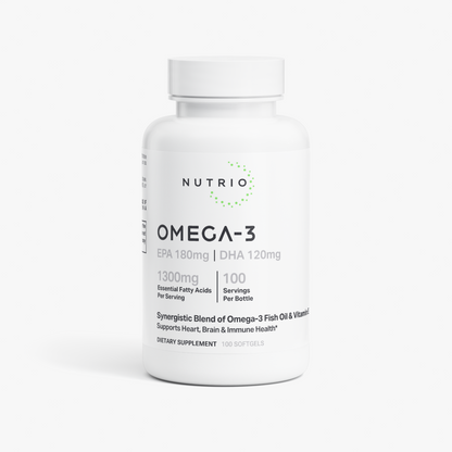 NUTRIO Omega-3 Fish Oil EPA + DHA white bottle, front label, 100 softgels