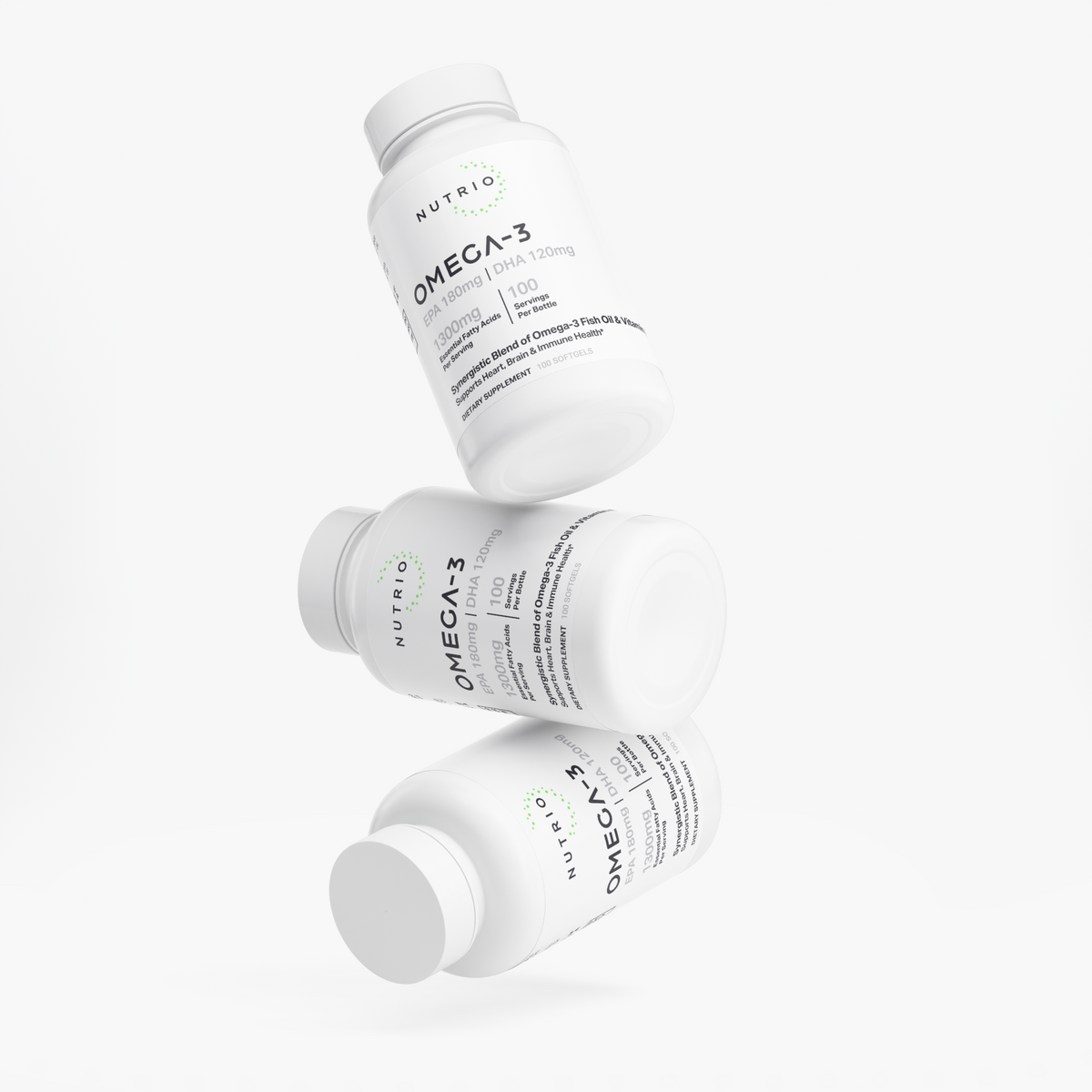 Three NUTRIO Omega-3 Fish Oil bottles floating in a stacked arrangement against a white background