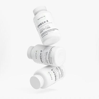 Three NUTRIO Omega-3 Fish Oil bottles floating in a stacked arrangement against a white background