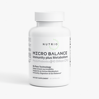 NUTRIO Micro Balance Pre & Probiotics 40 Billion CFU capsule bottle, front label