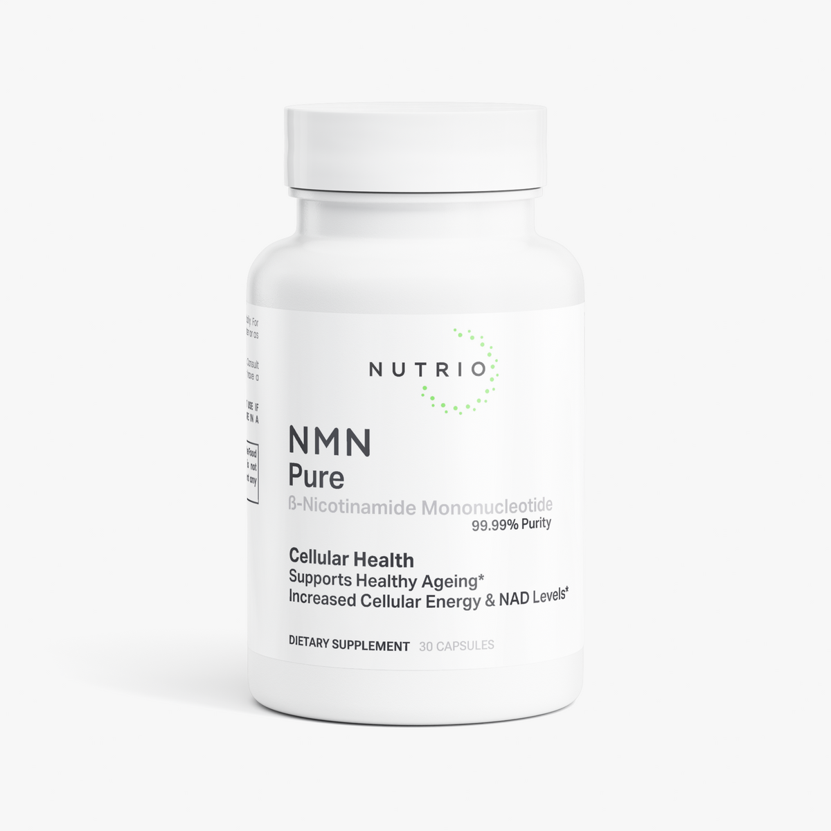 NUTRIO NMN Pure capsule bottle, front label showing 99.99% purity, on a light background