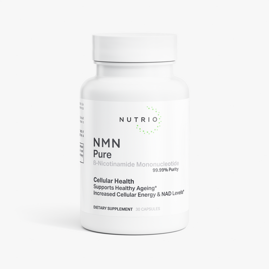 NUTRIO NMN Pure capsule bottle, front label showing 99.99% purity, on a light background