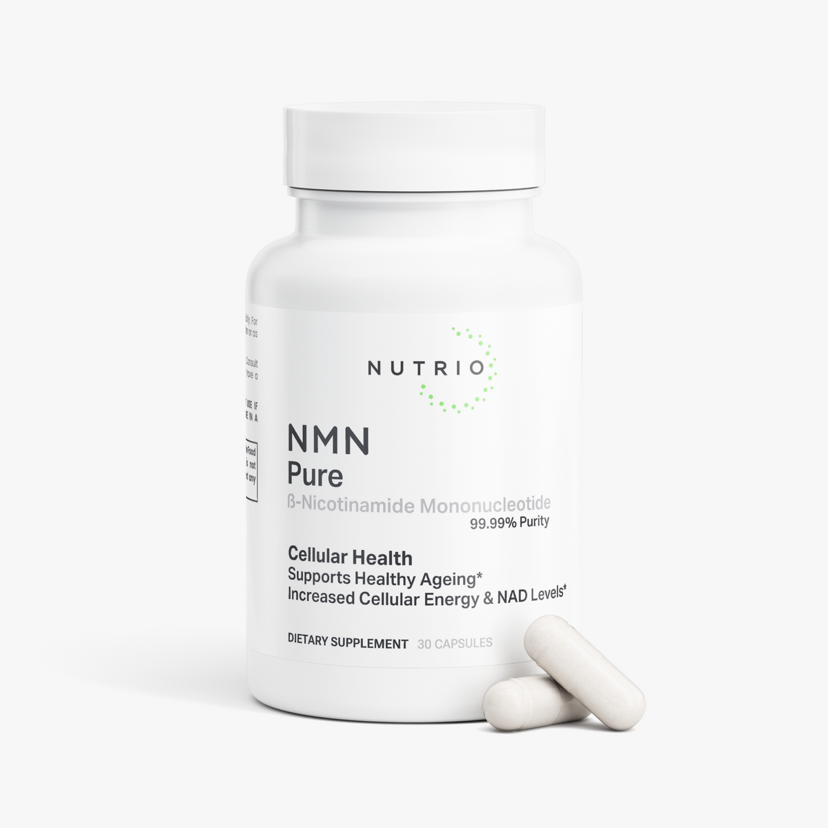 NUTRIO NMN Pure bottle with two white capsules resting in front of the label