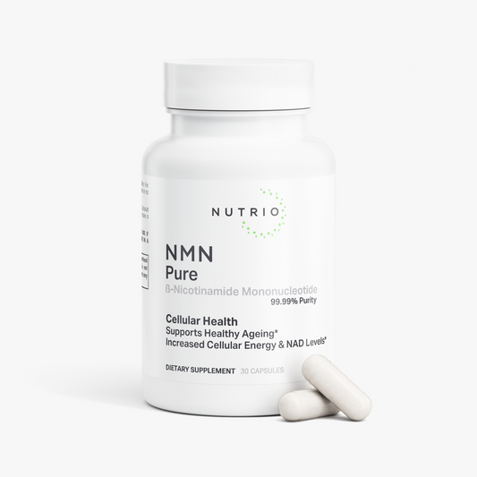 NUTRIO NMN Pure bottle with two white capsules resting in front of the label
