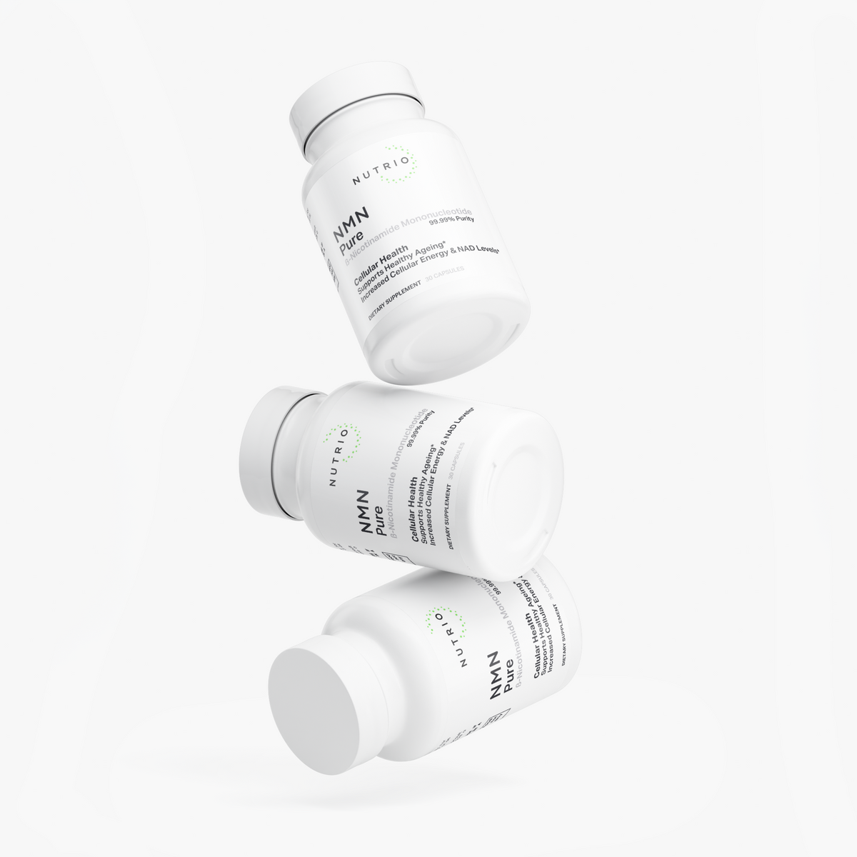 Three NUTRIO NMN Pure bottles floating in a stacked arrangement against a white background