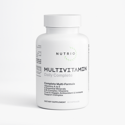 NUTRIO Daily Complete Multivitamin capsule bottle, front label with multi-formula details