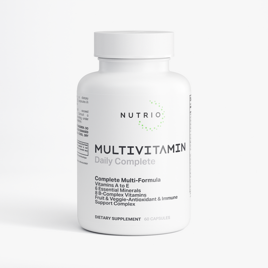 NUTRIO Daily Complete Multivitamin capsule bottle, front label with multi-formula details