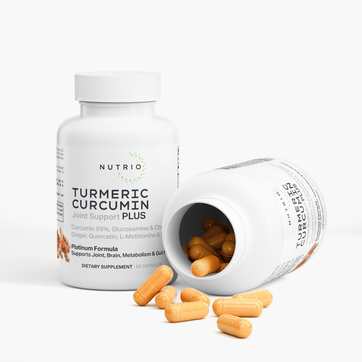 NUTRIO Turmeric Curcumin bottle beside an open bottle with orange capsules spilling out
